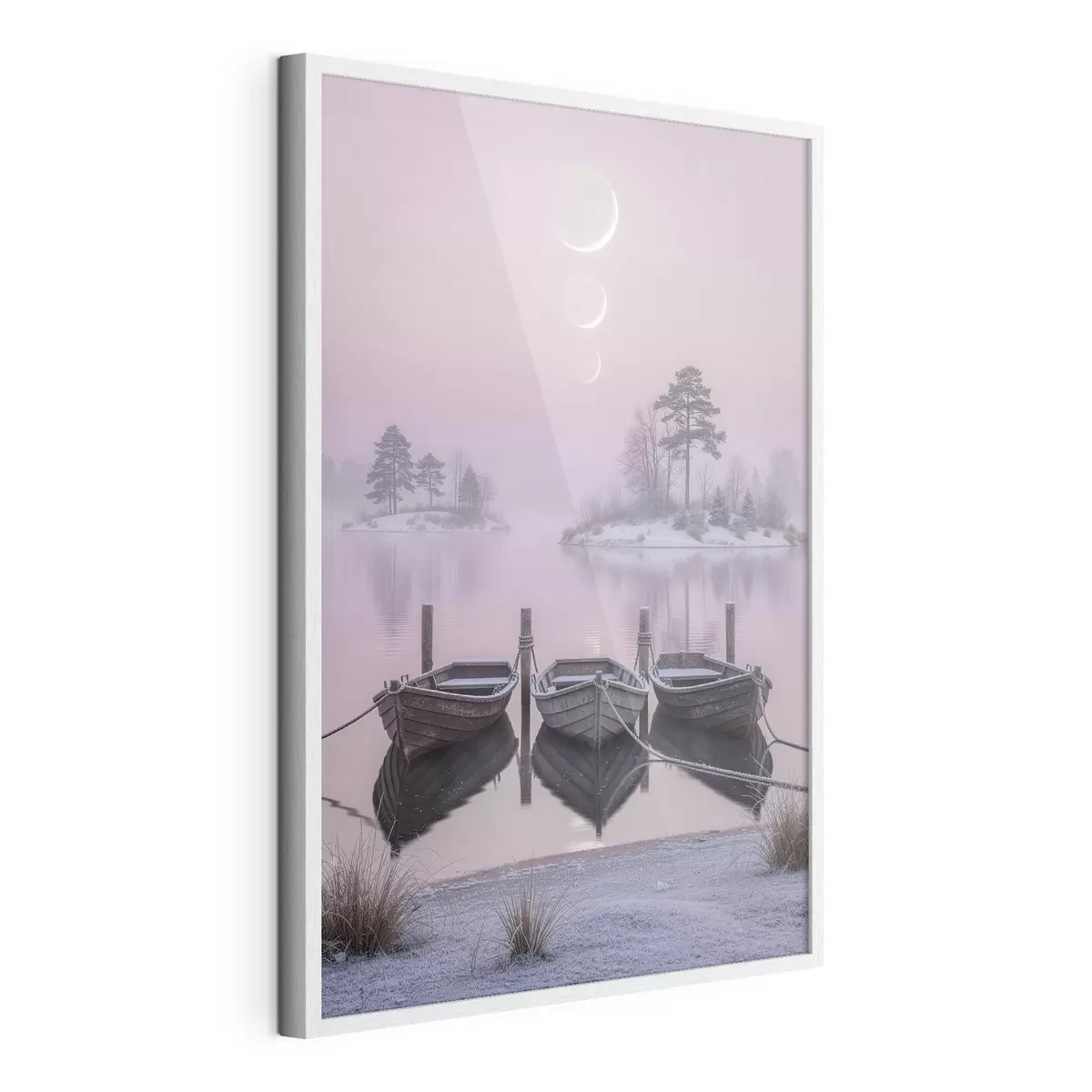 Plakat Pastellmaalistiilis maastik järve, paatide ja kuufaasidega f49724