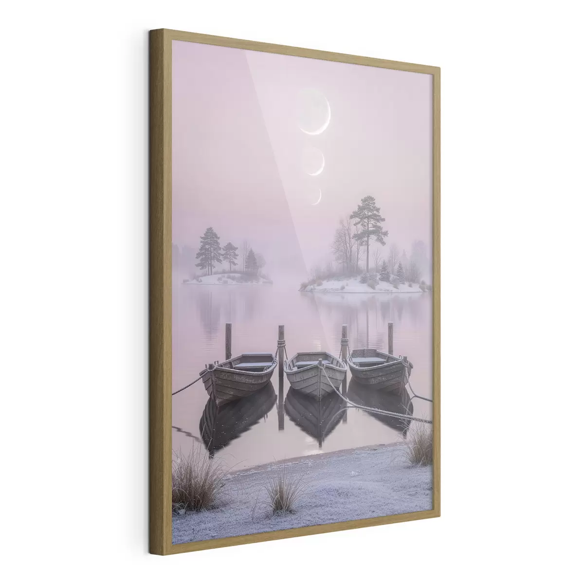 Plakat Pastellmaalistiilis maastik järve, paatide ja kuufaasidega f49724