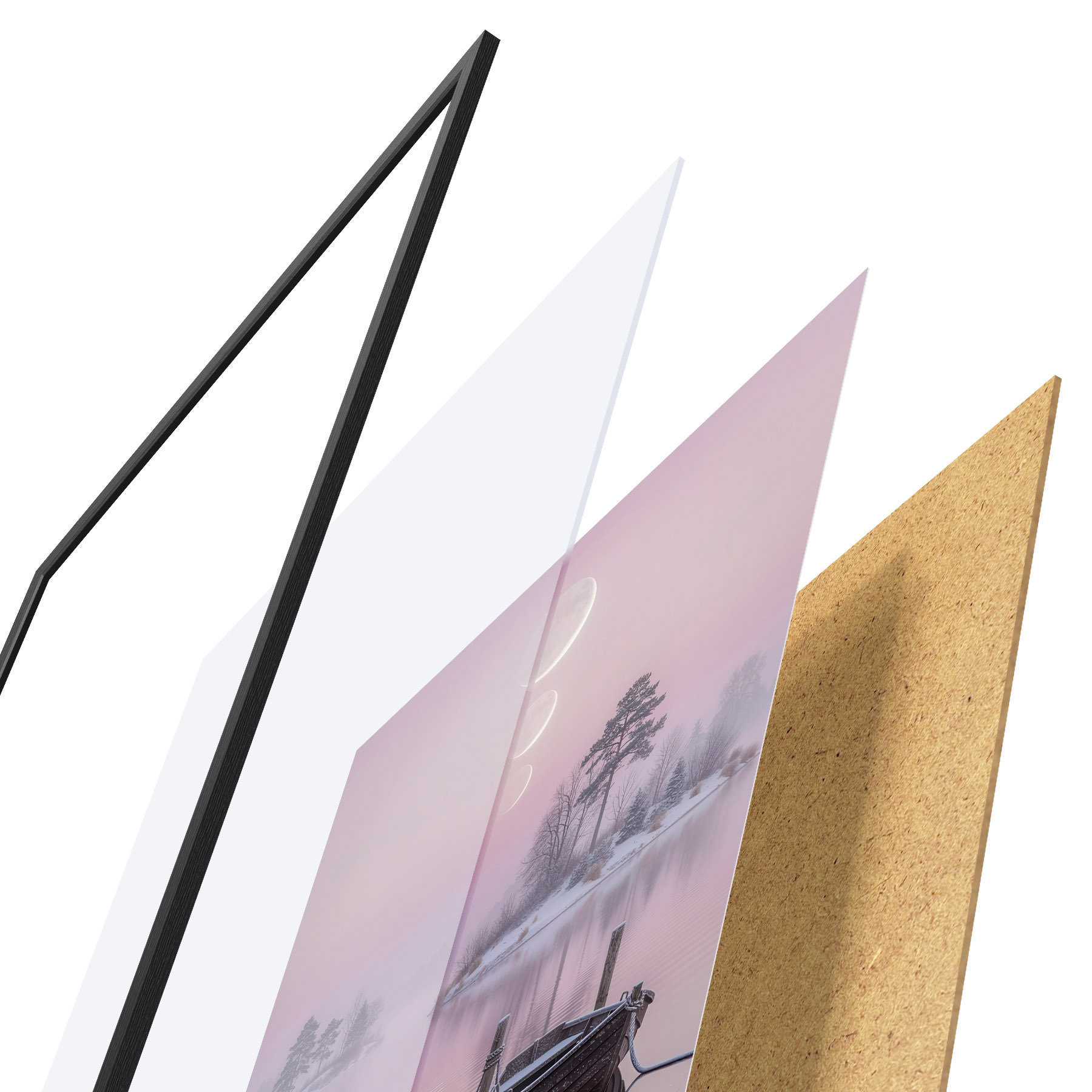 Plakat Pastellmaalistiilis maastik järve, paatide ja kuufaasidega f49724