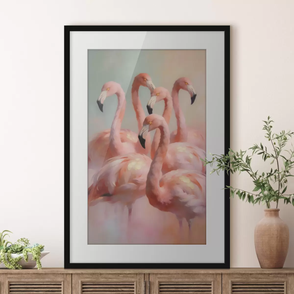 Plakat Õlimaalistiilis roosad flamingod pehmetes pastelltoonides f49726
