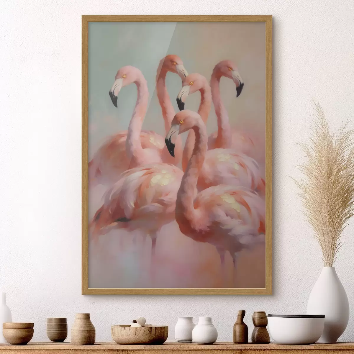 Plakat Õlimaalistiilis roosad flamingod pehmetes pastelltoonides f49726
