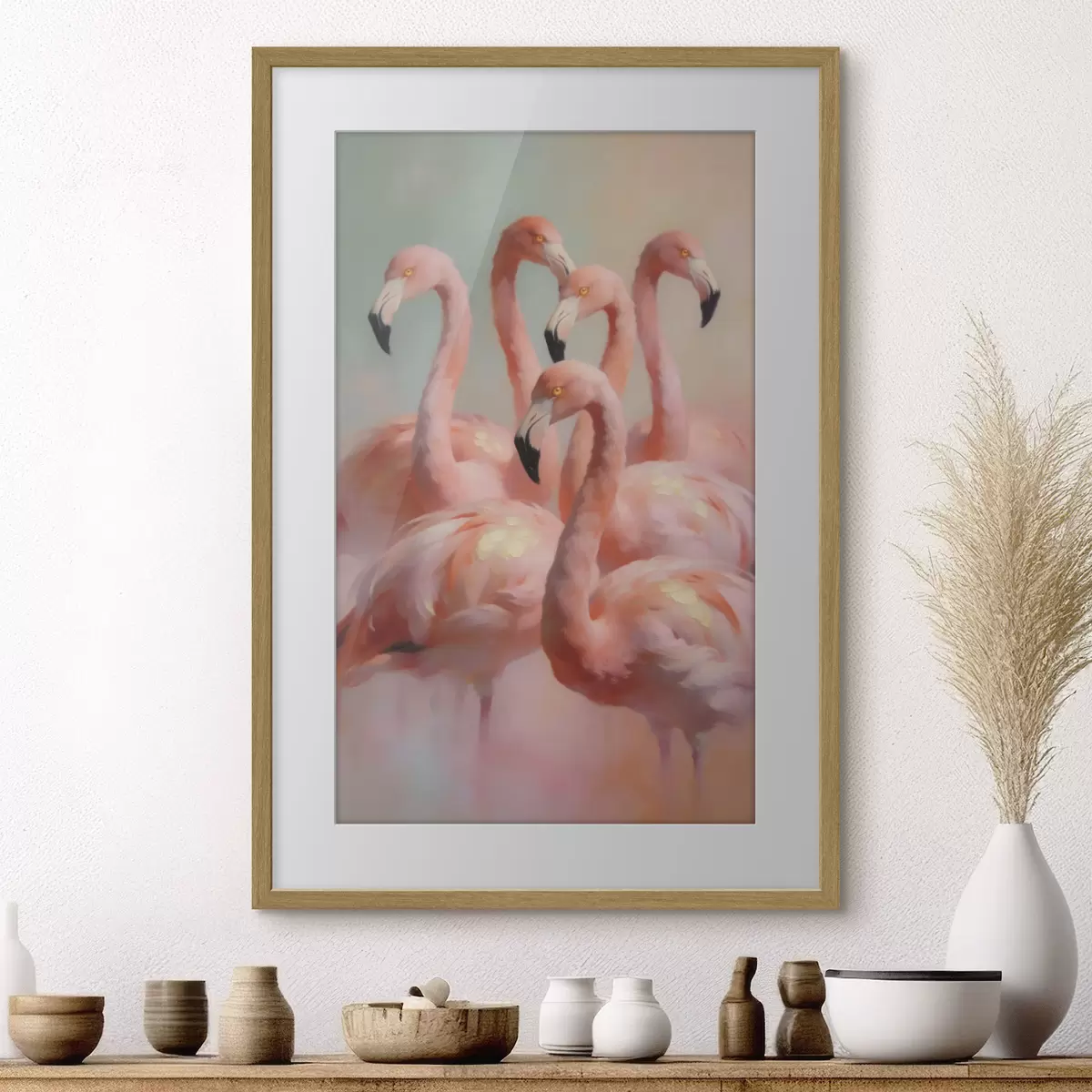 Plakat Õlimaalistiilis roosad flamingod pehmetes pastelltoonides f49726