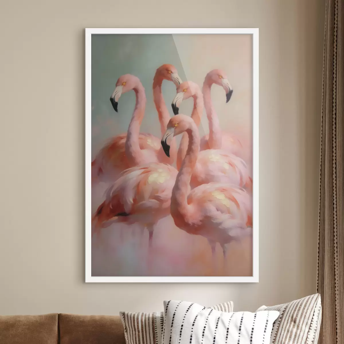 Plakat Õlimaalistiilis roosad flamingod pehmetes pastelltoonides f49726