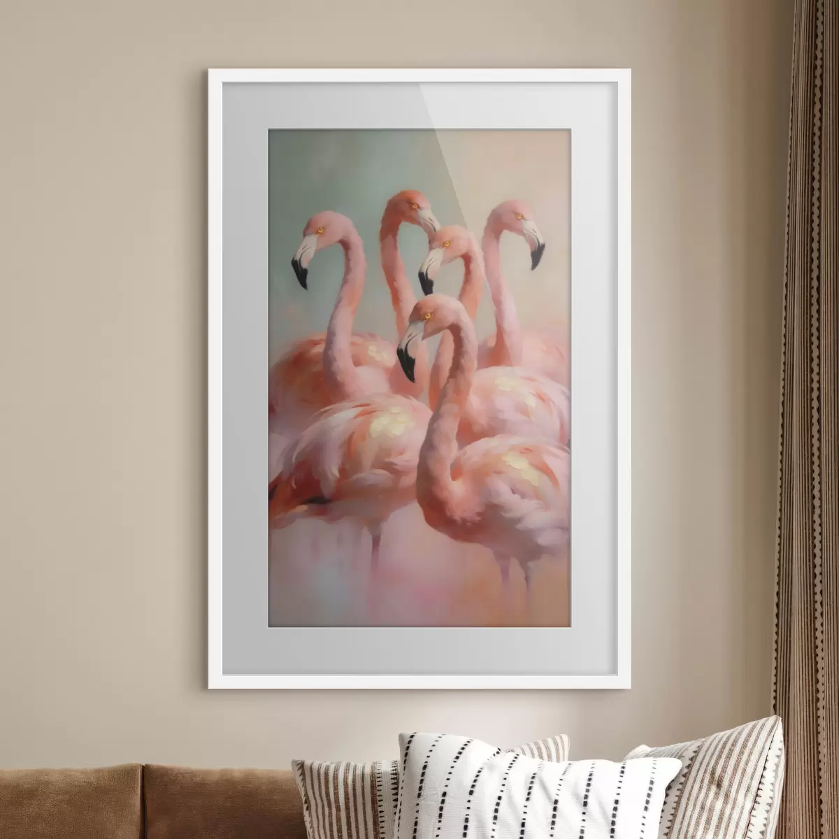 Plakat Õlimaalistiilis roosad flamingod pehmetes pastelltoonides f49726