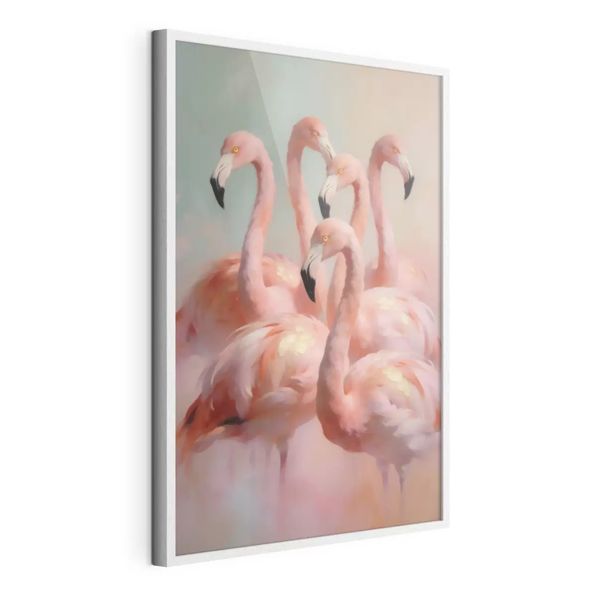Plakat Õlimaalistiilis roosad flamingod pehmetes pastelltoonides f49726
