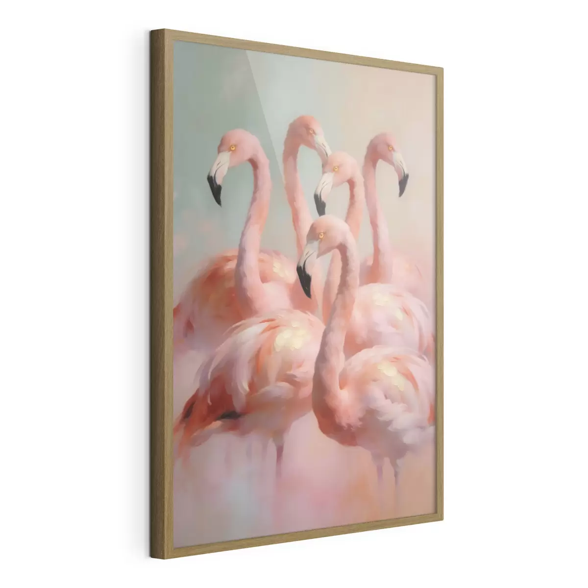 Plakat Õlimaalistiilis roosad flamingod pehmetes pastelltoonides f49726