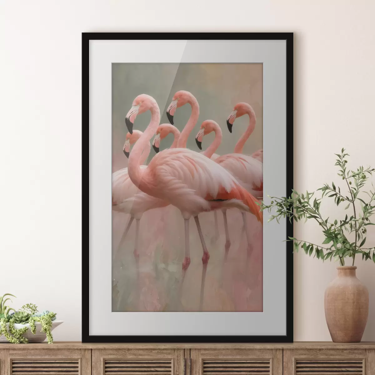 Plakat Kaasaegses maalikunstistiilis kujutatud flamingode parve dekoratiivne portree f49727