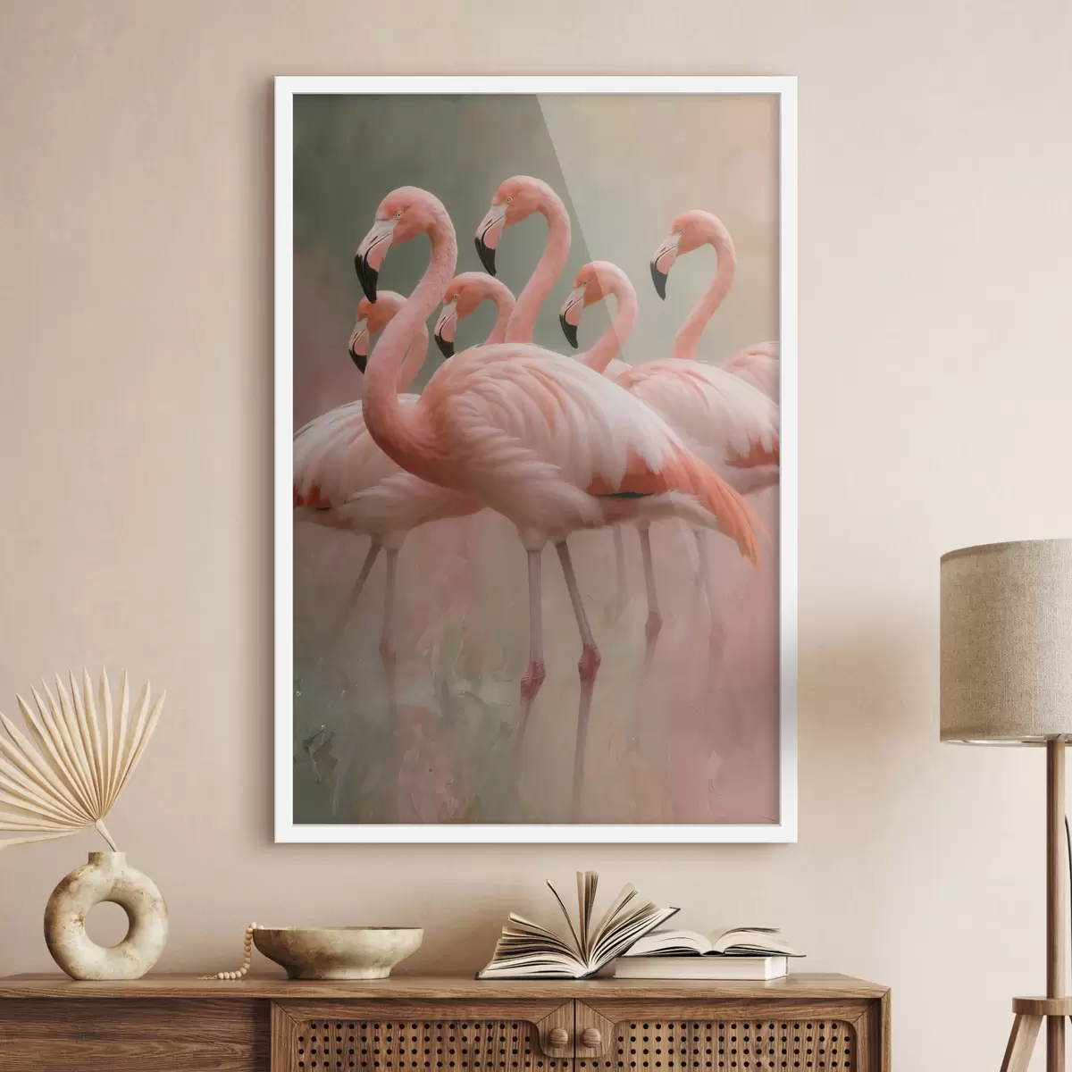 Plakat Kaasaegses maalikunstistiilis kujutatud flamingode parve dekoratiivne portree f49727