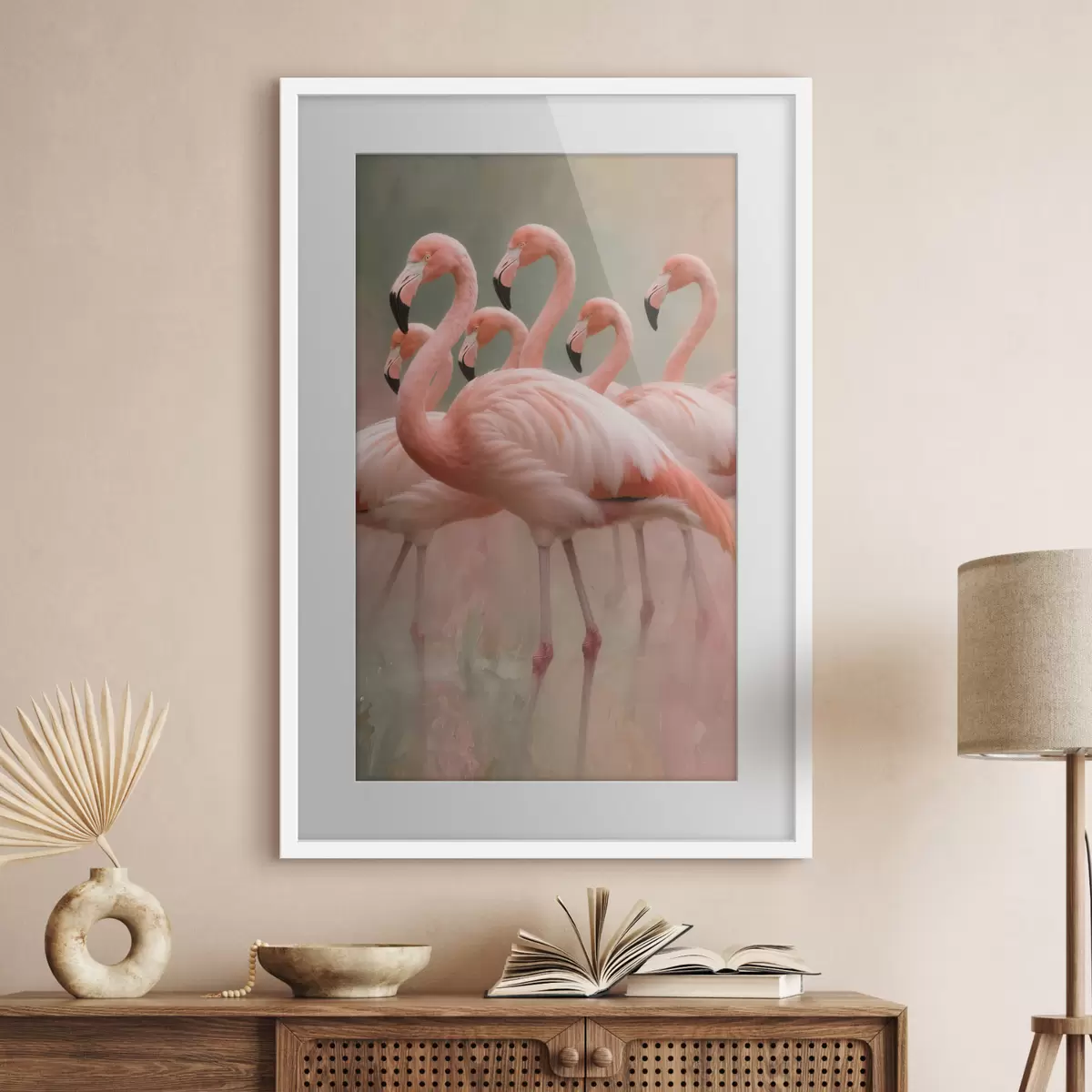 Plakat Kaasaegses maalikunstistiilis kujutatud flamingode parve dekoratiivne portree f49727