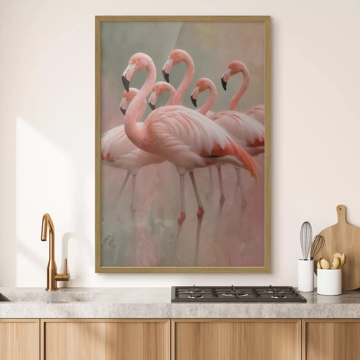 Plakat Kaasaegses maalikunstistiilis kujutatud flamingode parve dekoratiivne portree f49727