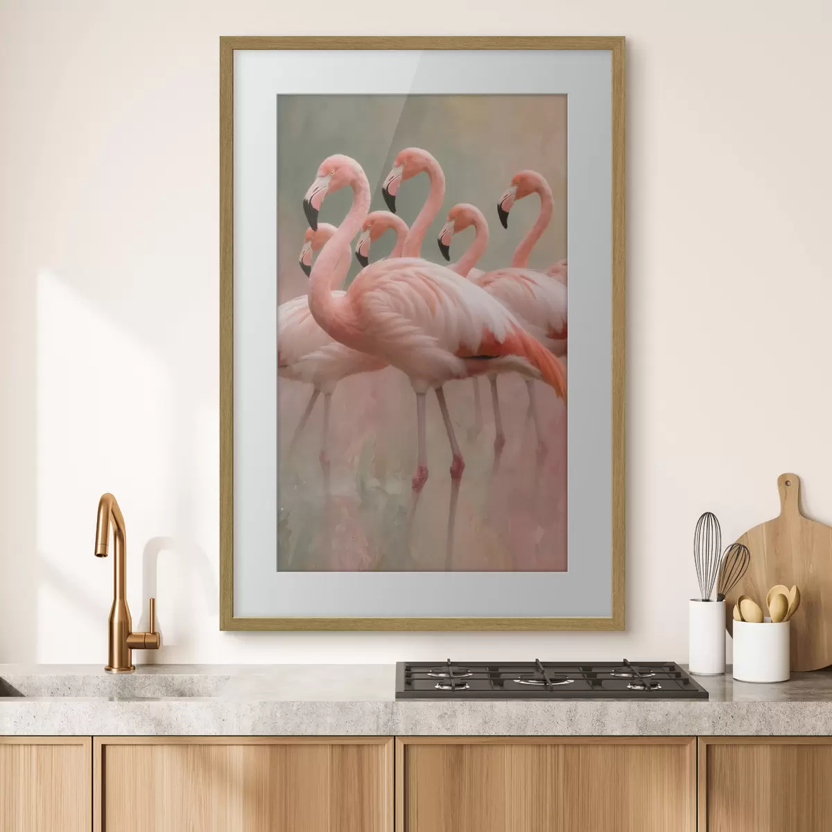 Plakat Kaasaegses maalikunstistiilis kujutatud flamingode parve dekoratiivne portree f49727