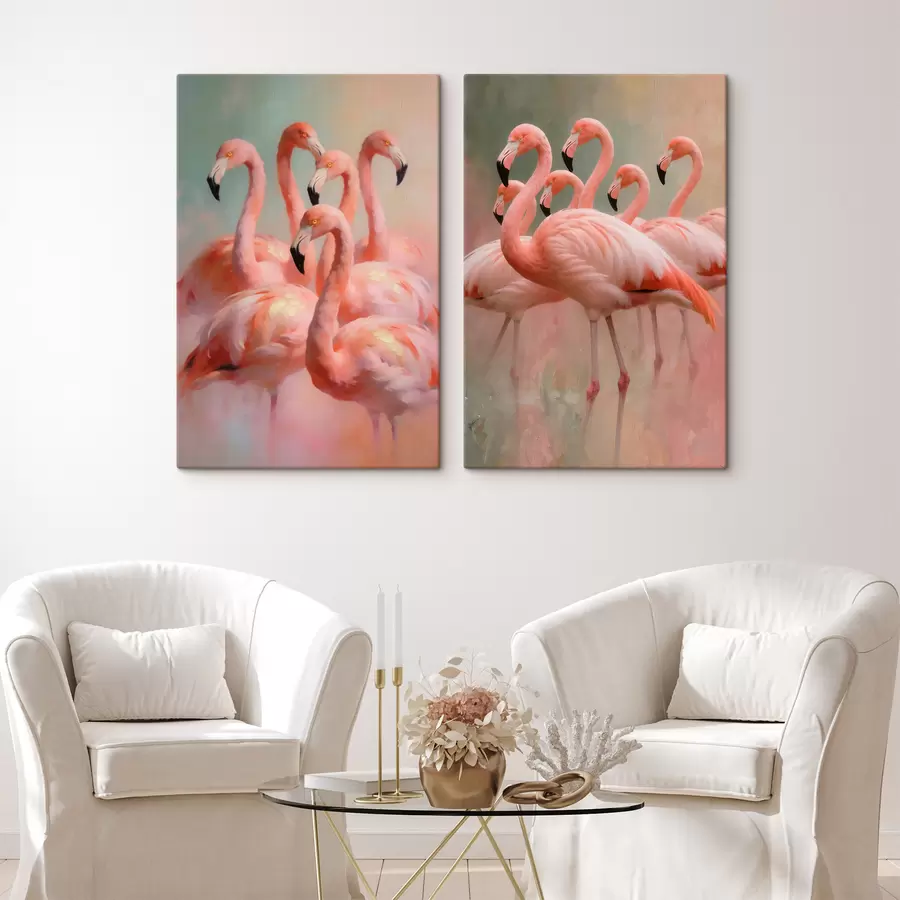 Fototapeedid Kaasaegses maalikunstistiilis loodud kompositsioon, millel on kujutatud flamingode parv pehme, ähmase taustaga m30658