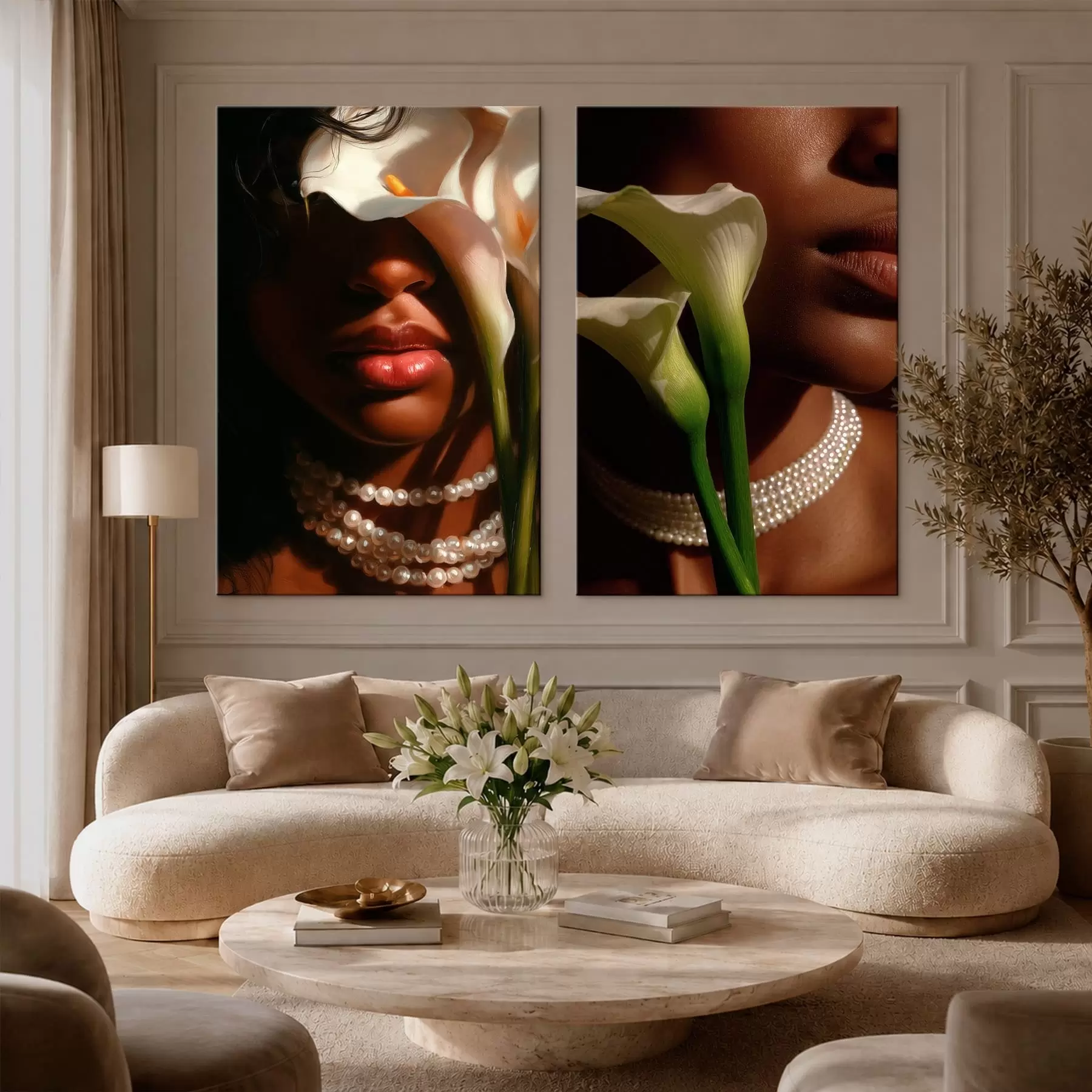 Pilt Diptych portreede ja valgetega calla-lilledega m30744