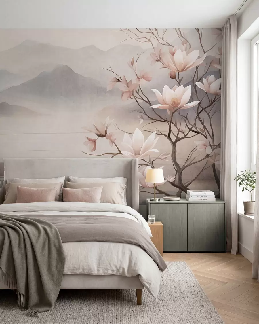 Fototapeedid Mäed ja õitsvad roosad magnoliaoksad, tekstuurne maastik w10013