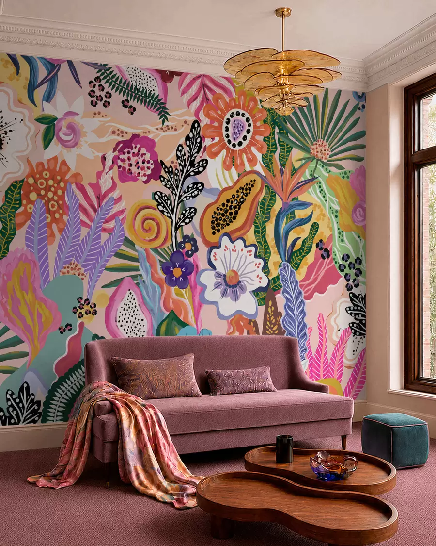 Fototapeedid Ere troopiline motiiv, millel on kujutatud lilled, lehed ja värvilised puuviljad w05815
