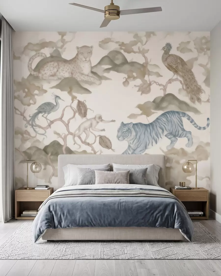 Fototapeedid Keiserlik aed, kus on idamaiste stiiliga loomad – ahv, leopard, tiiger, paabulind ja kurg w10011