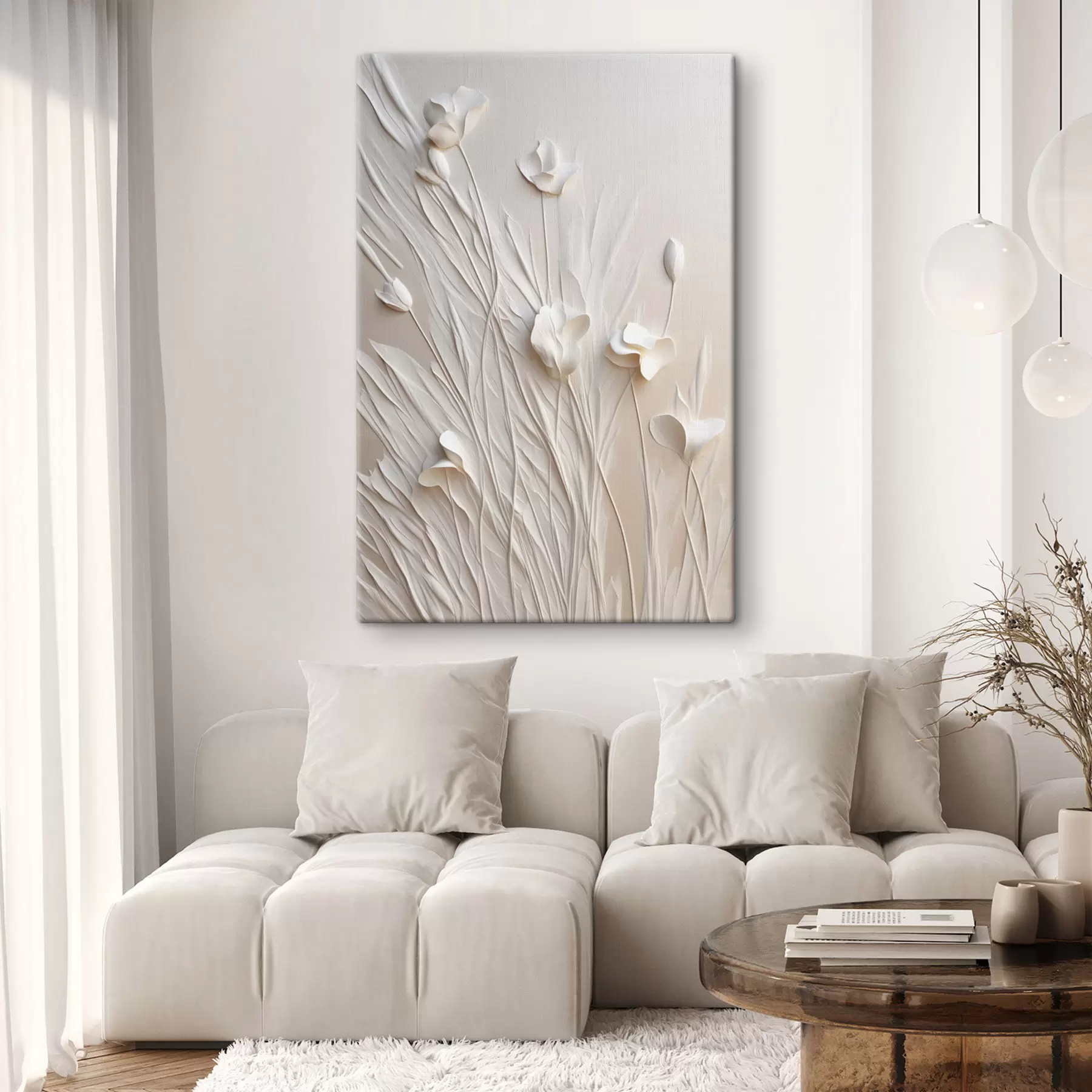 Pilt Valged lilled ja rohi heledal virsiku värvi taustal, minimalistlik kunst s50226