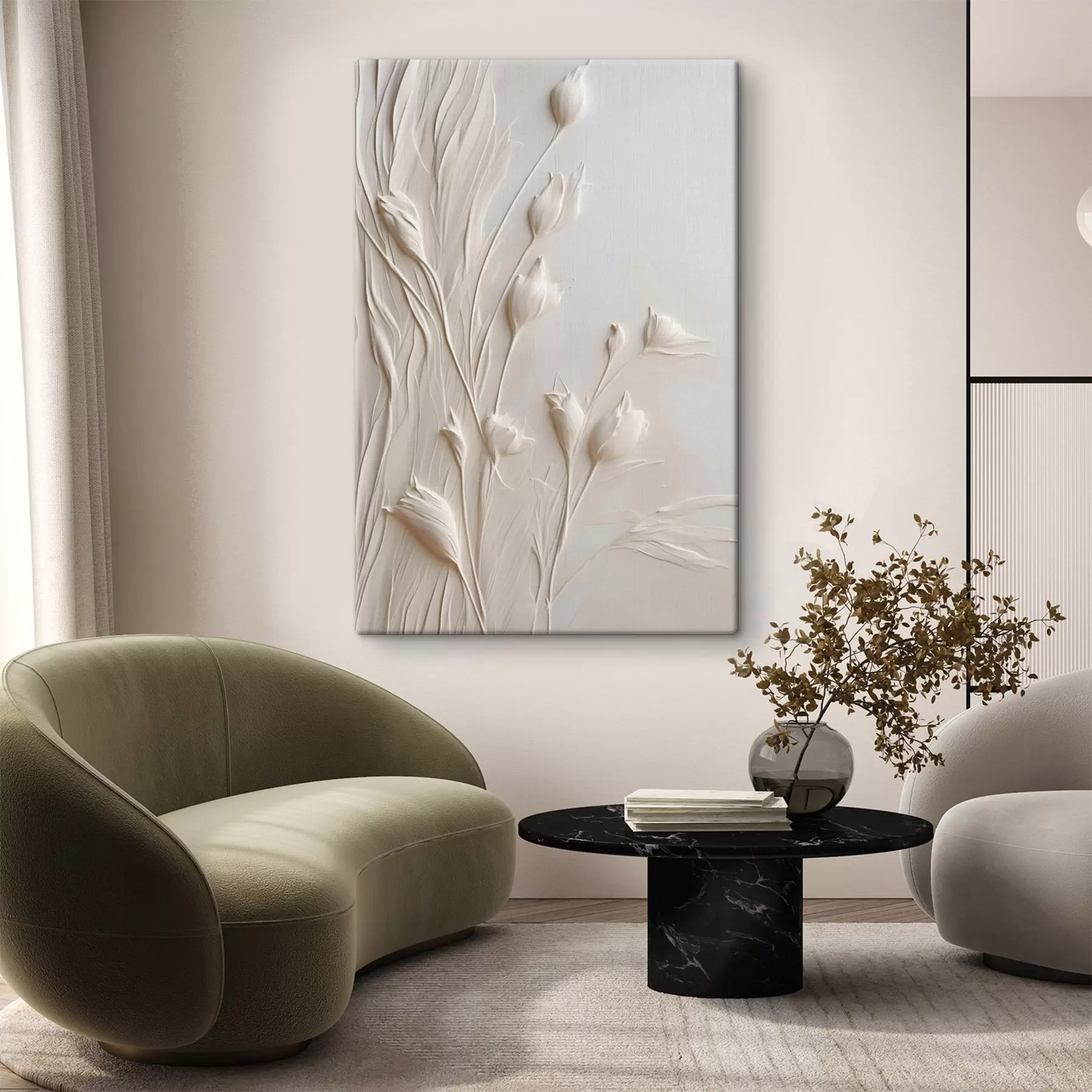 Pilt Valged lilled ja rohi heledal virsiku värvi taustal, minimalistlik kunst s50227