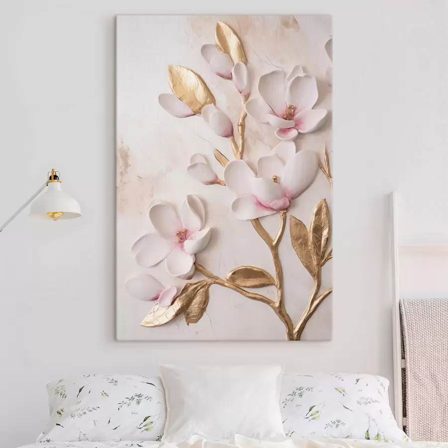Pilt Tekstuuriga õrnad roosad magnoliaõied kollaste detailidega s50230