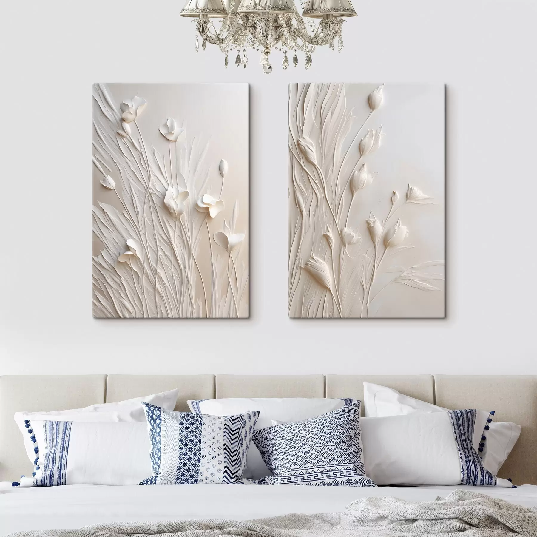 Pilt Valged lilled ja rohi heledal virsiku värvi taustal, minimalistlik kunst m30846