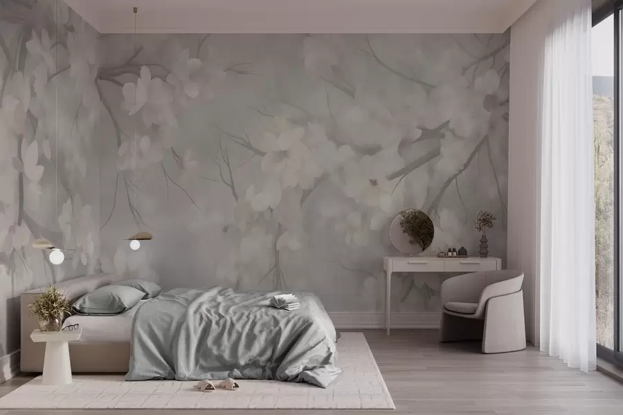 Fototapeedid Õhukestel okstel olevad valged kirsiõied, udune, helehall taust, tekstuuriga kunstiteos w10012