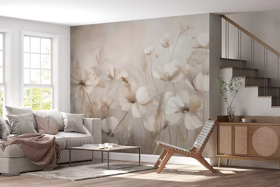 Fototapeedid Helevärviliste lillede ja madalate toonidega kõrge rohu väljak, tekstuurne kunstiteos w10019