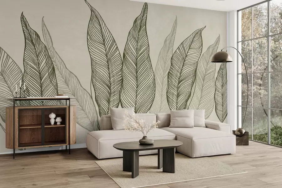 Fototapeedid Stiliseeritud rohelised lehed keerukate joonedetailidega beeži taustal, tekstuurne kunstiteos w10030
