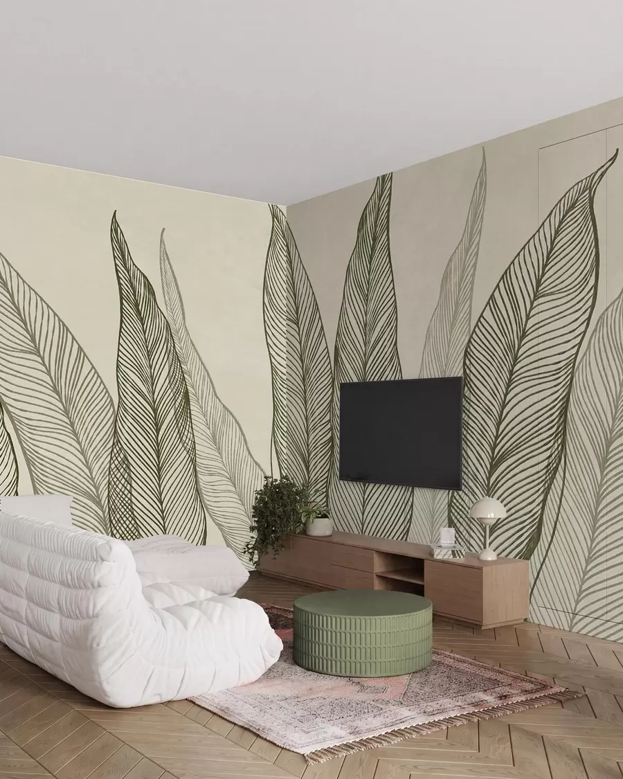Fototapeedid Stiliseeritud rohelised lehed keerukate joonedetailidega beeži taustal, tekstuurne kunstiteos w10030
