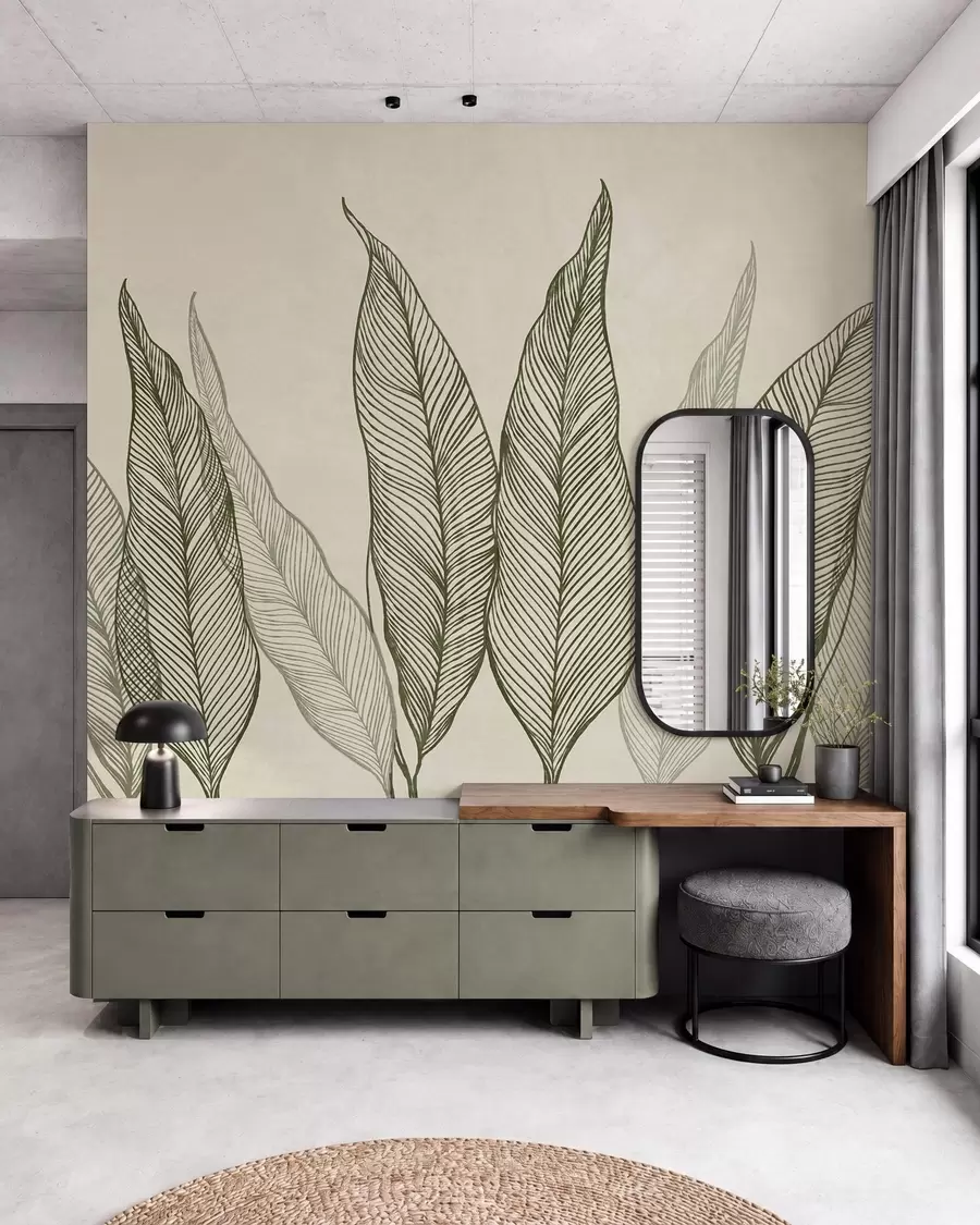 Fototapeedid Stiliseeritud rohelised lehed keerukate joonedetailidega beeži taustal, tekstuurne kunstiteos w10030