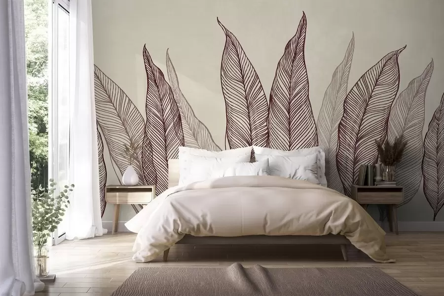 Fototapeedid Stiliseeritud burgundivärvilised lehed keerukate joonedetailidega beeži taustal, tekstuuriga kunstiteos w10030v1