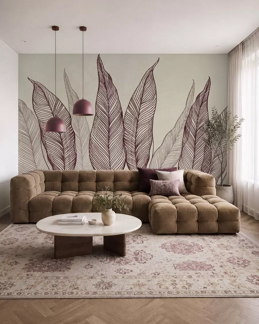 Fototapeedid Stiliseeritud burgundivärvilised lehed keerukate joonedetailidega beeži taustal, tekstuuriga kunstiteos w10030v1