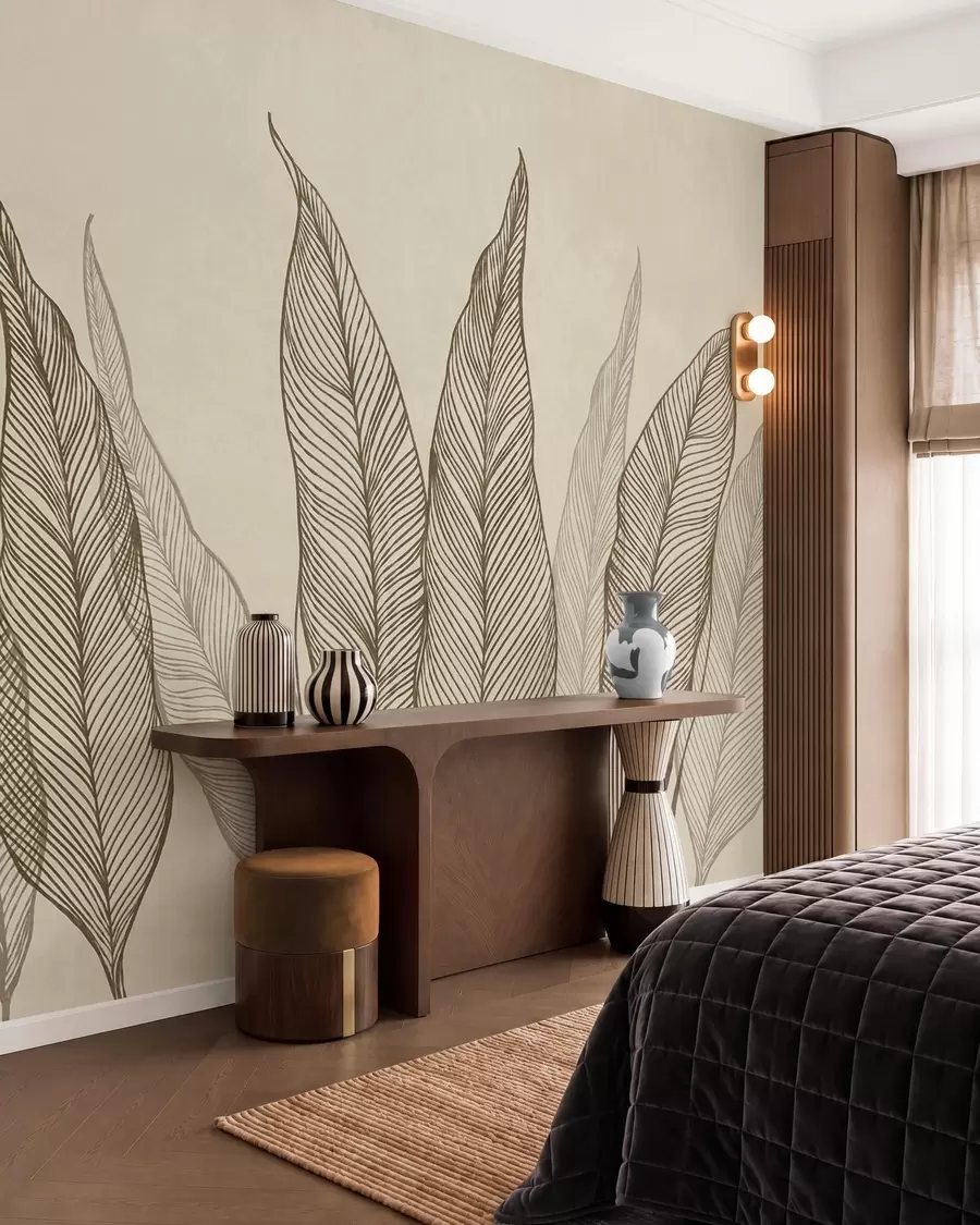 Fototapeedid Stiliseeritud pruunid lehed keerukate joonedetailidega beežil taustal, tekstuuriga kunstiteos w10030v2