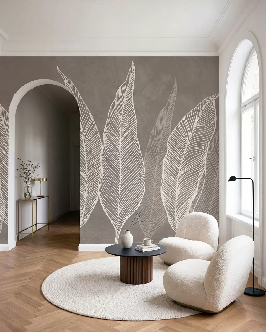 Fototapeedid Stiliseeritud valged lehed keerukate joonedetailidega pruuni taustal, tekstuurne kunstiteos w10030v4