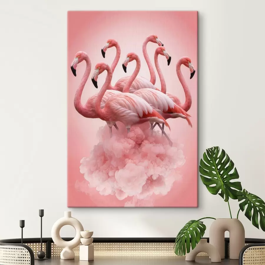 Pilt Pastelltoonides kompositsioon, millel on kujutatud graatsilisi flamingosid roosa pilve taustal s50011