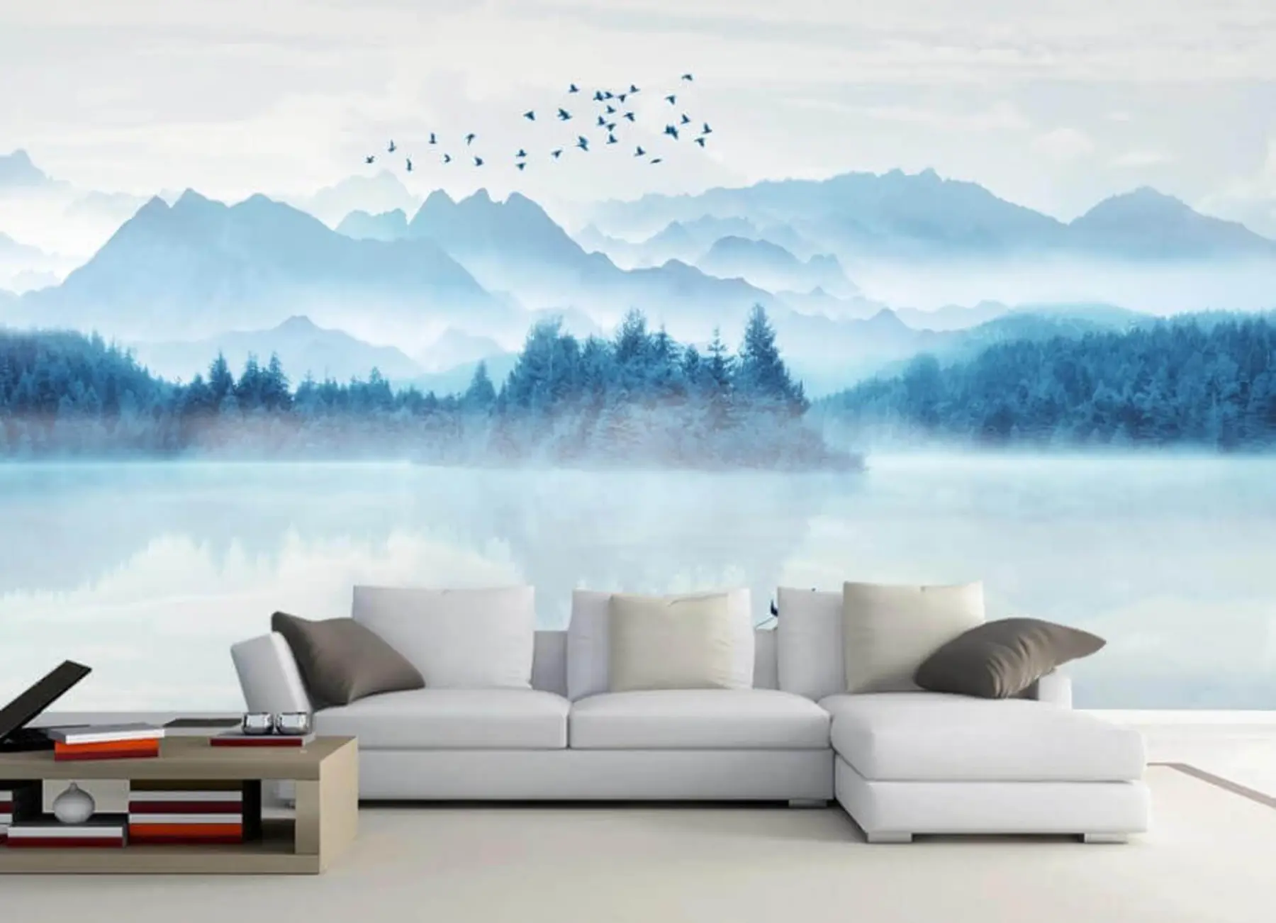 Fototapeedid Mäed, paat udusel järvel u32395