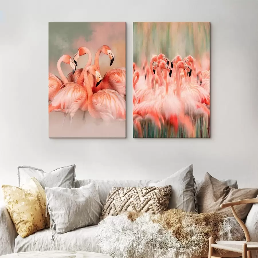 Pilt Kunstiline diptühhon, millel on kujutatud pastelltoonides roosaid flamingosid, millel on ähmane ja udune efekt m30763