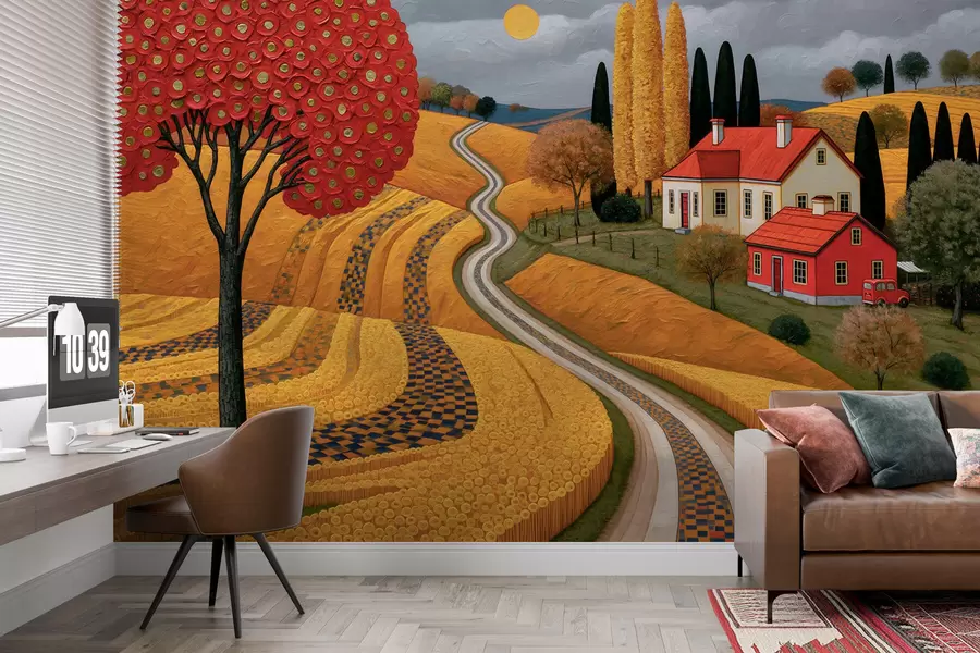 Fototapeedid Maalilise Toscana maastiku kujutamine õlimaalitehnikas, millel on punane puu, looklev tee ja talumaja w10049