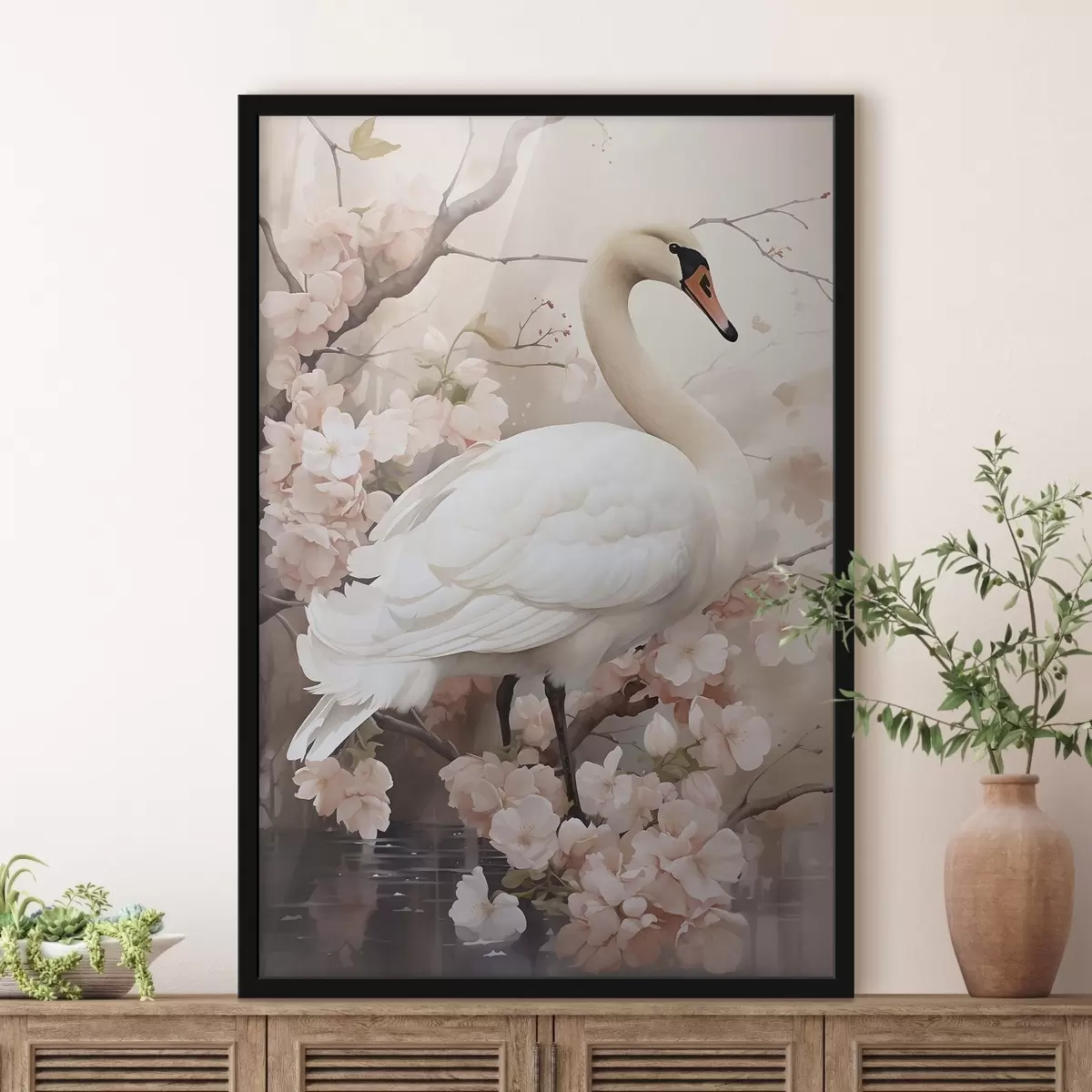 Plakat Valge luik õitsvas aias f50743