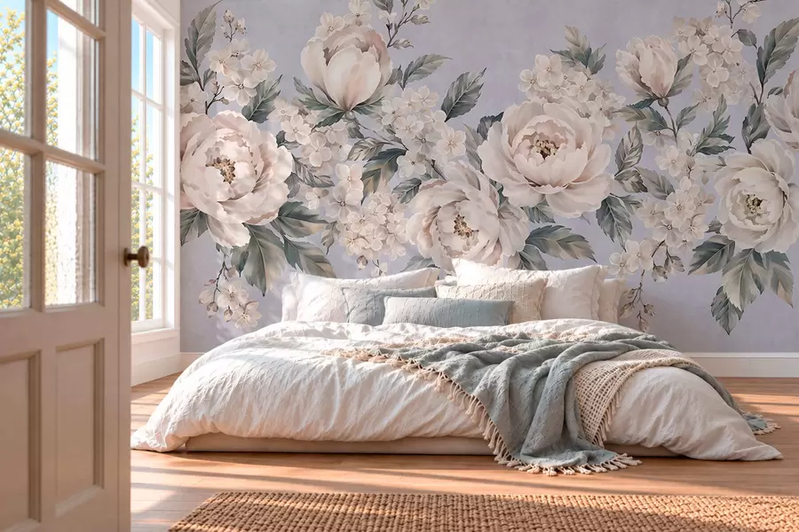 Fototapeedid Õrnad heledad õied ja lehed sinisel taustal w05926v1