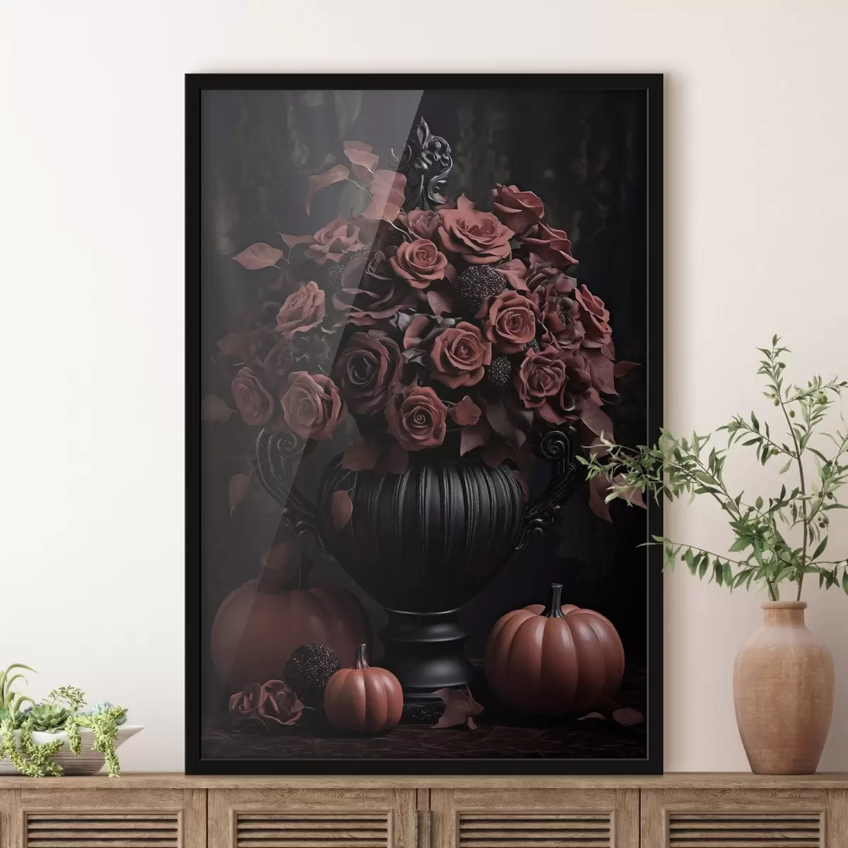 Plakat Burgundia roosid ja kõrvits tumedas vaasis f50913