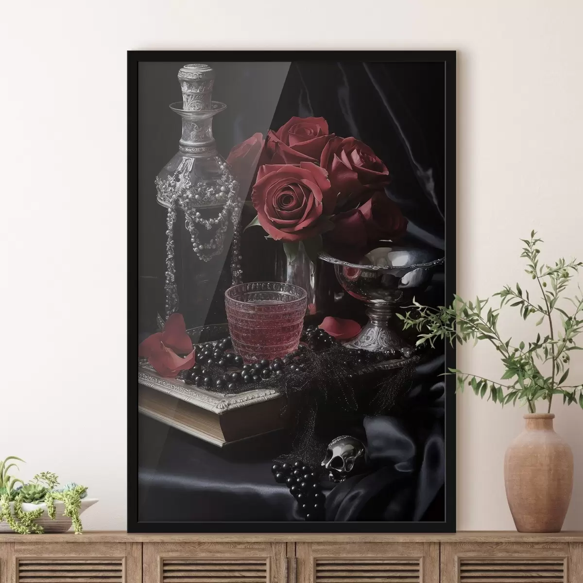 Plakat Vintage-stiilis natüürmort klaasi ja roosidega f50915