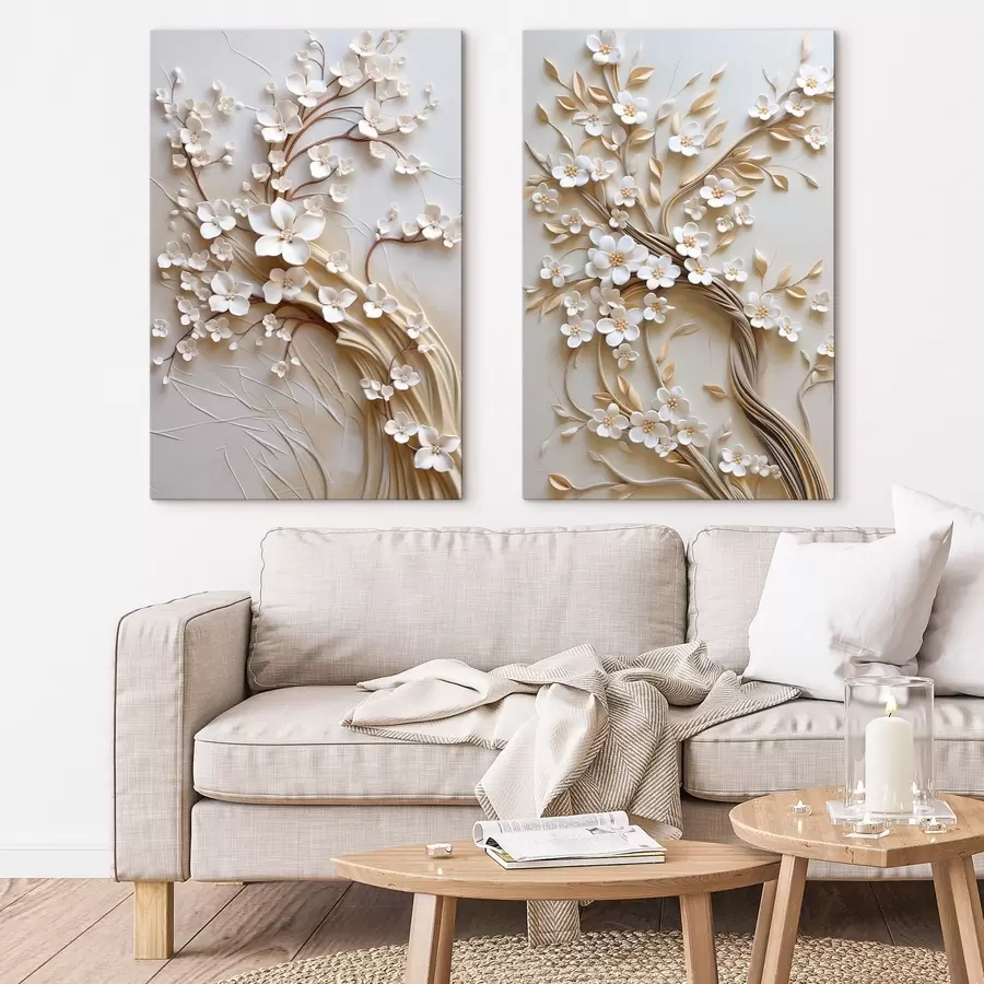 Fototapeedid Puu valgetega õitega ja pruunide vartega, heledat beeži taustaga, millel on tekstuuriga keerukad mustrid m31052