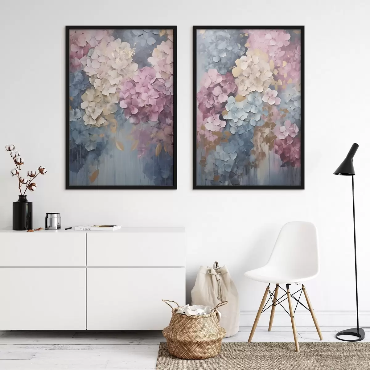 Plakat Roosa, kreemika ja sinise tooniga hortensiad, millel on tekstuuriga kroonlehed; abstraktne kunst d31050