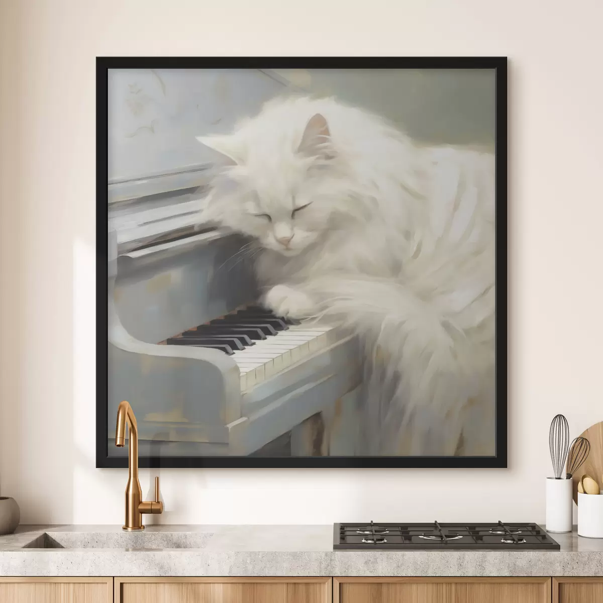 Plakat Klaveri klahvidel magav kass, maali imitatsioon f50990
