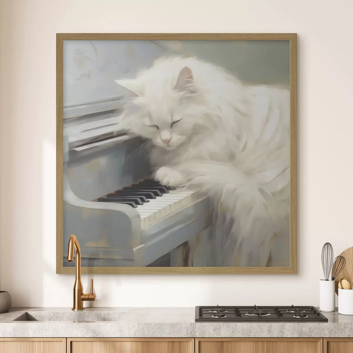 Plakat Klaveri klahvidel magav kass, maali imitatsioon f50990