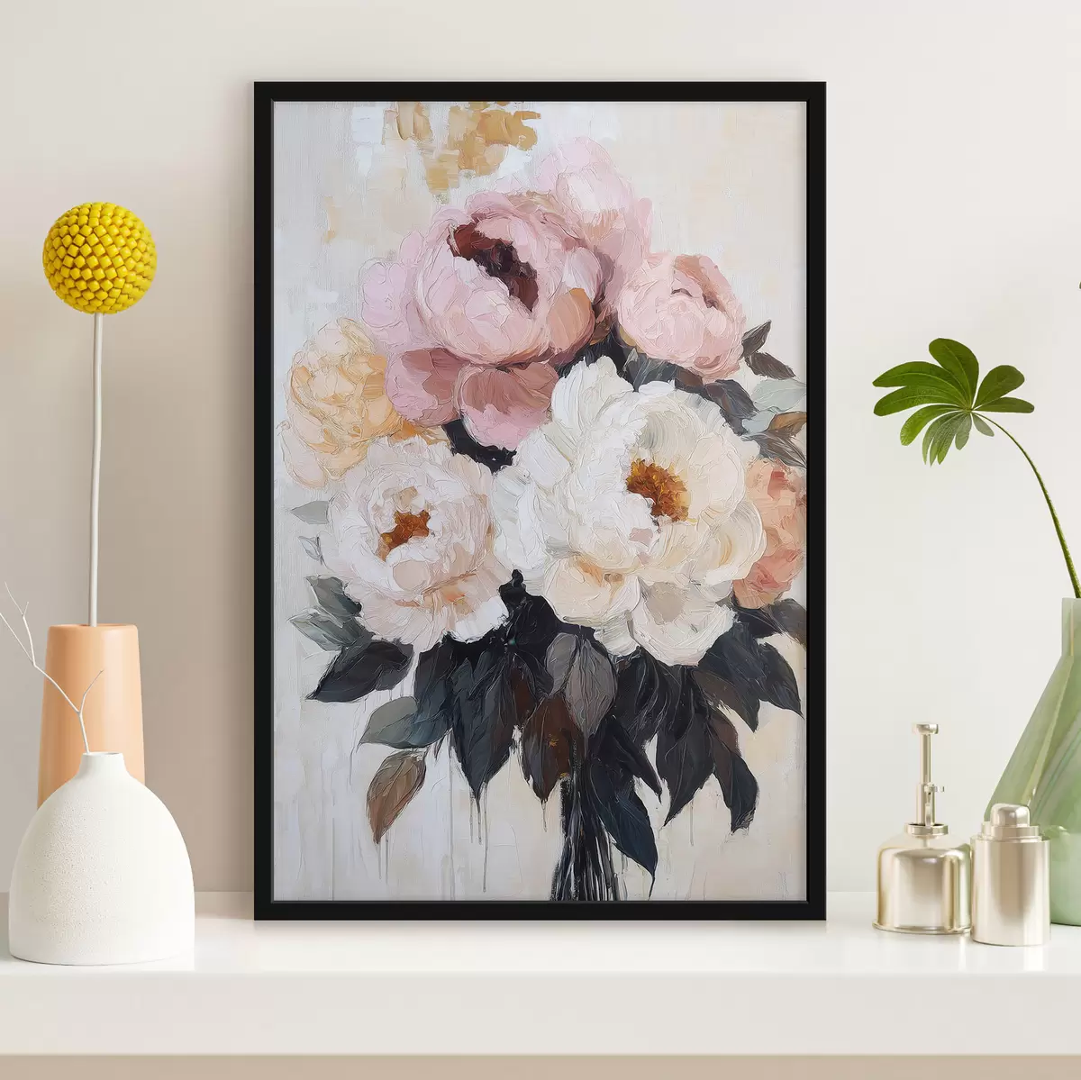 Plakat Roosa ja valge pioonide kimp f51008