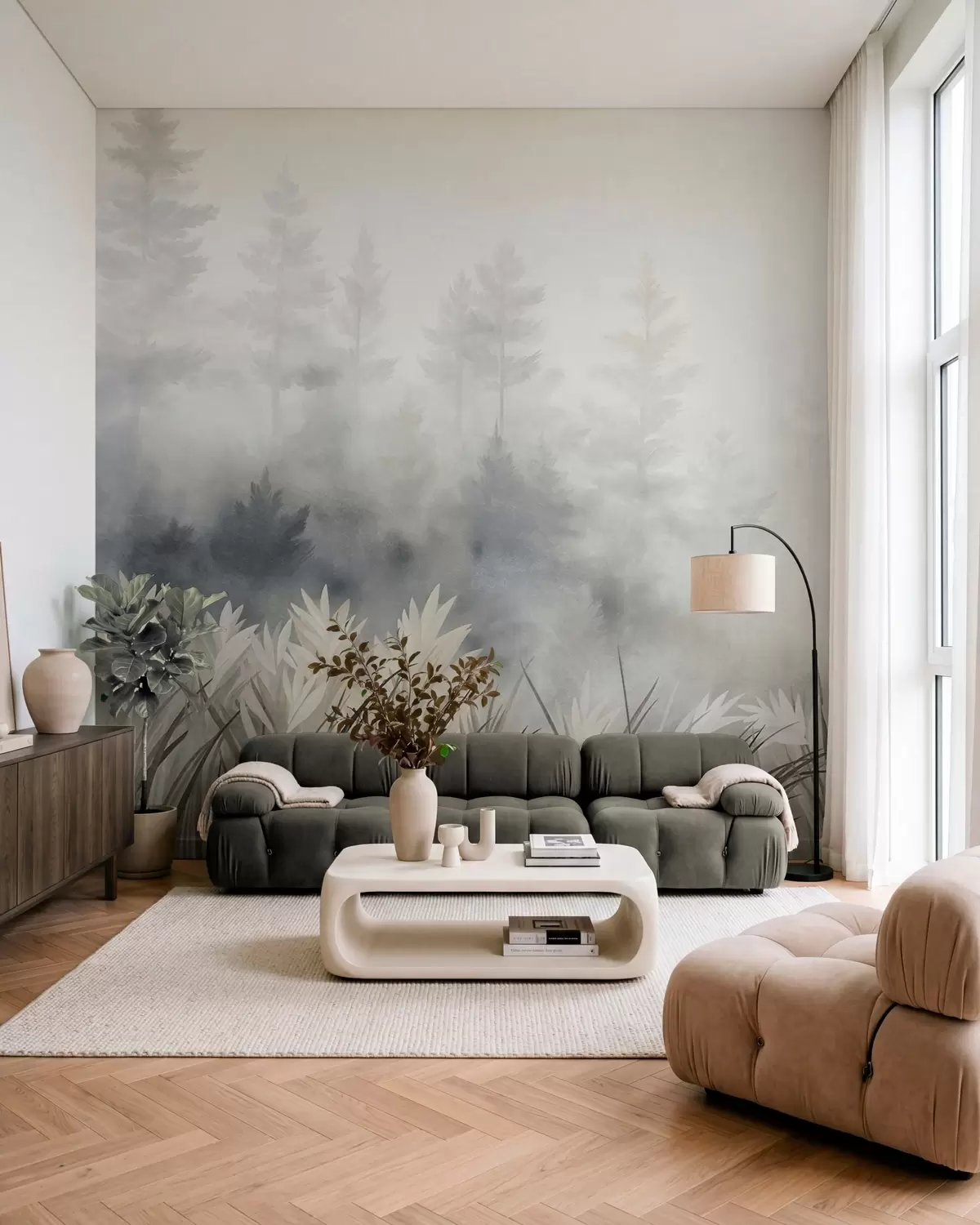 Fototapeedid Maastik, millel on kõrge looduslik rohi ja männimets, minimalistlik tekstuurne stiil w10082
