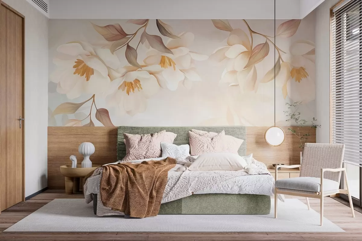 Fototapeedid Magnolia õitseb, oksadelt rippuvad õrnad pruunid lehed w10086