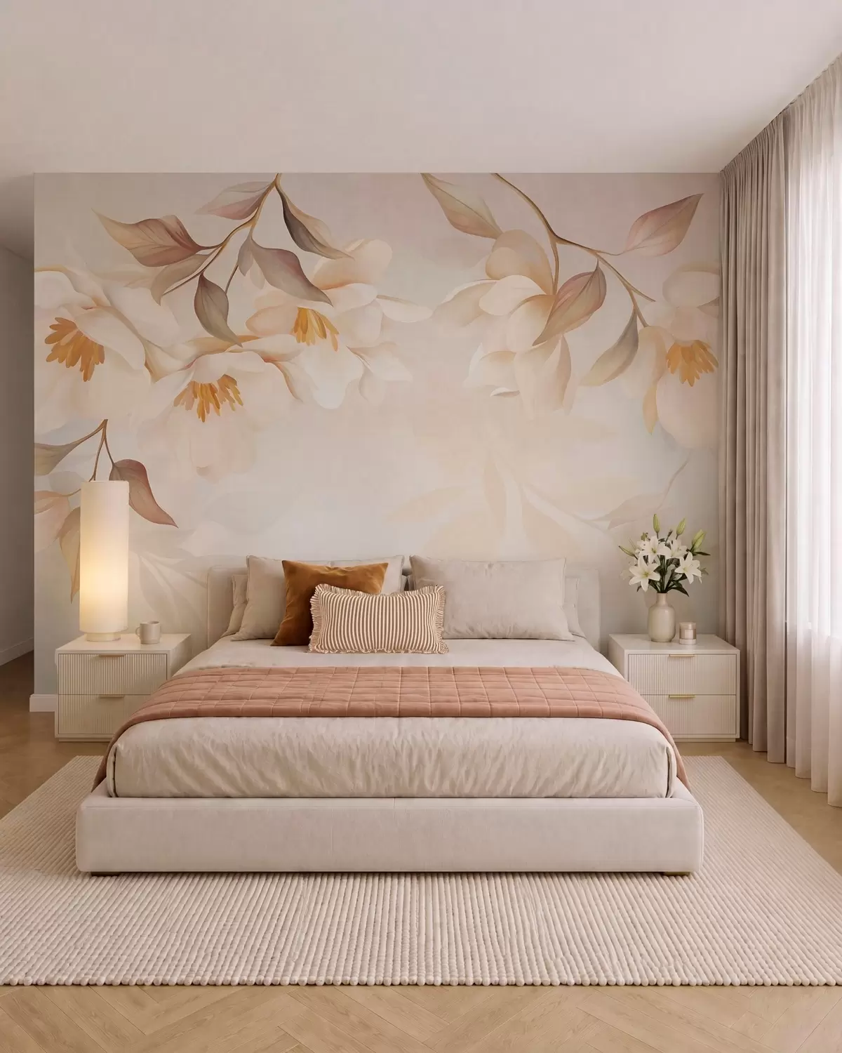 Fototapeedid Magnolia õitseb, oksadelt rippuvad õrnad pruunid lehed w10086