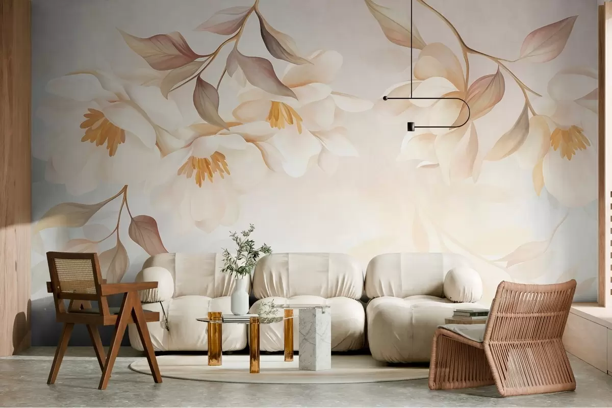 Fototapeedid Magnolia õitseb, oksadelt rippuvad õrnad pruunid lehed w10086